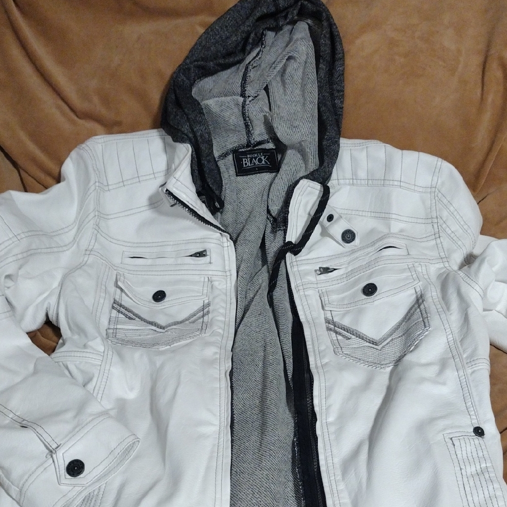 White Hooded Shirt With PU Jacket Combo.  Zipz Apart. 2 In 1